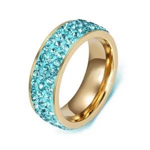 不锈钢Aqua CZ水晶粘土铺金IP电镀结婚戒指戒指