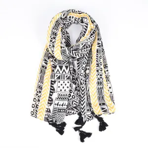 Großhandel 2019 neueste baumwolle druck schals hijab hohe qualität schwarz gelb streifen druck quaste frau vintage schals