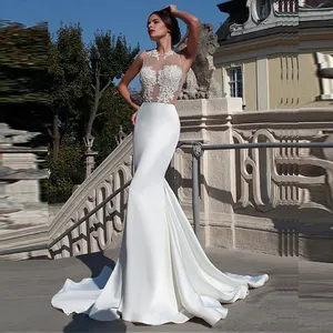 ON317 New Arrival Sexy Wedding Dresses O-neck Sleeveless Top Part Lace Satin Skirt Mermaid Wedding Gowns with Sweep Train