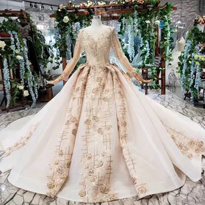 HTL459 mới nhất bất mẫu tua dài tay áo ren đám cưới ăn mặc 2019 o cổ bridal gown