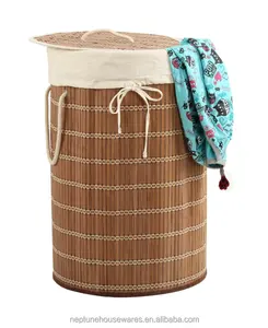 Cesta de bambu dobrável para crianças, cesta redonda para lavanderia e tecido em lona