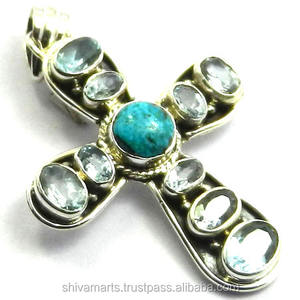 Vente en gros de pendentif croix en argent sterling 925 avec topaze bleue et pierres précieuses Fournisseur et exportateur de pendentifs de bijouterie fine - Product Image 2