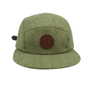 Aangepaste Lederen Patch Hennep Kamp 5 Panel Hat Cap