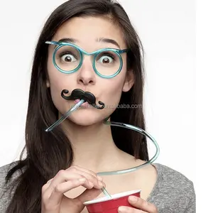 PETG环保可弯曲形状可傻眼镜饮用带胡须的塑料吸管儿童成人生日派对