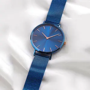 Fashion Schlank Voll Blau Handgelenk Uhren Frauen Luxus Alle Edelstahl Mesh Band Custom Design OEM LOGO Quarzuhr