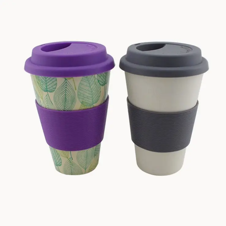 Caneca de café para viagem de fibra de bambu, atacado, mangas de silicone