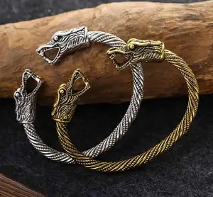 Perhiasan Antik DC014 Gelang Manset Polos Kepala Naga Kecil Norse Viking Pria Personalisasi Bentuk C