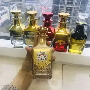 Decanter de vidro pintado de ouro e prata 150ml para perfume Attar, frasco de vidro transparente com selo de bomba para uso cosmético