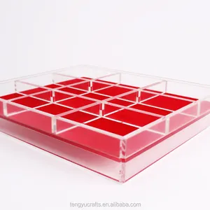 Kotak Display Kubus Plexiglass Lucite Counter Besar/Kotak Pajangan Perhiasan Permata Akrilik dengan Partisi Bantalan Merah