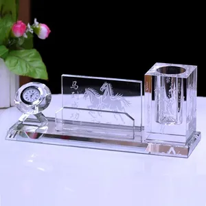 Table Crystal Office Stationery Set With Pen /clock/Name Card Holder