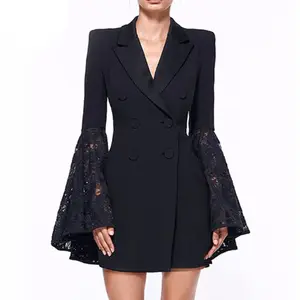 YSMARKET S-XL Black White Blazers Women Double Breasted Notched Office Lady Suit Lace Splice Long Sleeve Elegant Plus Size Coat