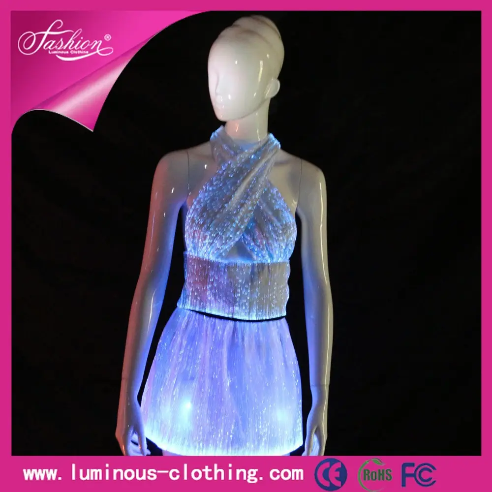 Vente chaude lumineux top et jupes femmes sexy robe avec des lumières led lumineux robe avec fiber optique