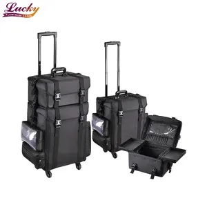 2 en 1 maquillage sac à roulettes en Nylon professionnel maquillage étui de voyage pour maquilleur vernis à ongles noir roulant sacs à cosmétiques