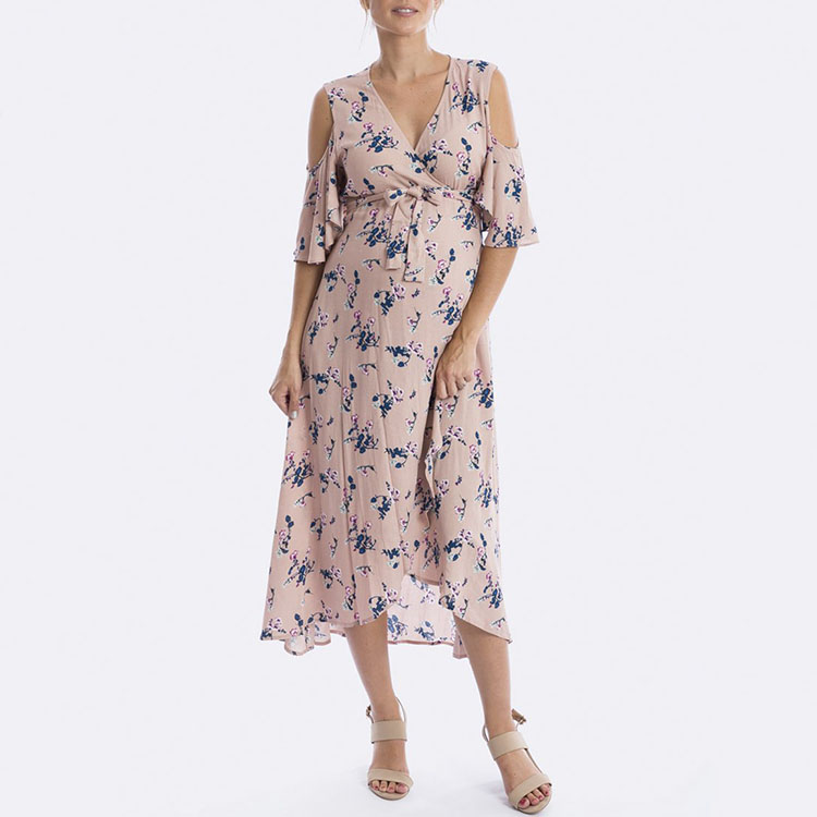 Custom Casual Fashion Asymmetrical Wrap Tie Front Floral Off Shoulder Flutter Sleeve Maxi Summer Pregnancy Maternity Dress