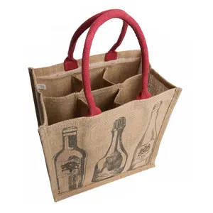 custom printed reusable Six bottle wine jute carry bag 6 bottle jute wine package bag With Dividers