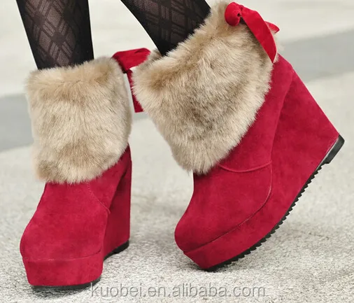 ladies red Snow boots rain boots with white fur collar elevator shoe Height Increasing Shoes