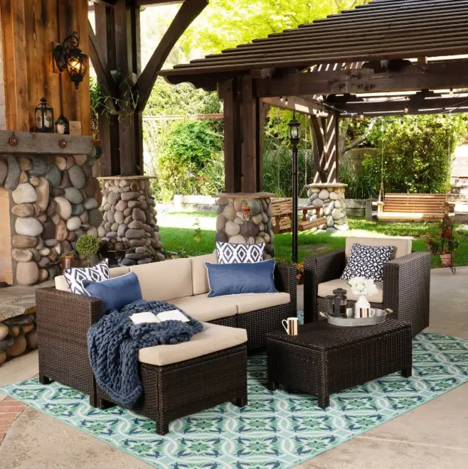 Hot Sale Semua Cuaca Modern Outdoor Furniture Corner Rattan Sofa Set