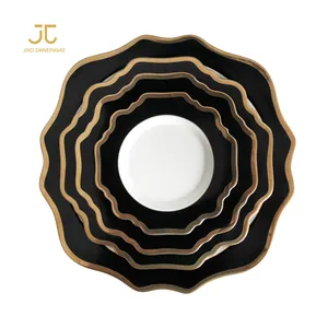 JC餐具黑瓷晚餐套装有金色镶边的sacllop婚礼陶瓷餐具