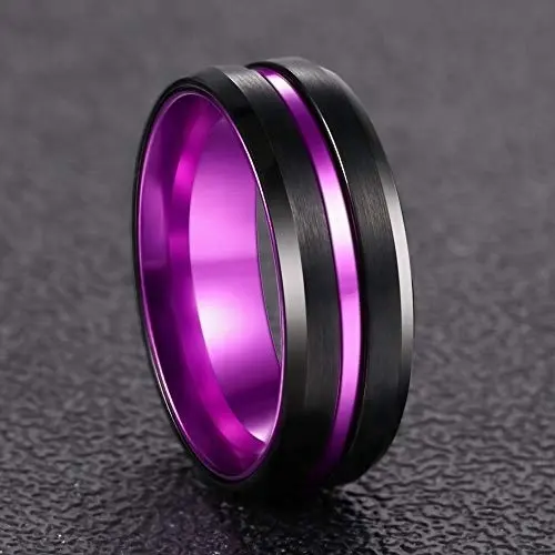 8 มิลลิเมตรสีดำ Matte Finish แหวนทังสเตน Center Grooved ขอบงานแต่งงานสีม่วงอลูมิเนียมภายใน, Comfort Fit