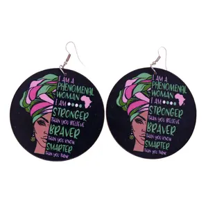 Custom Print I Am A Phenomenal Woman Stronger Braver Smarter Round Wooden Earring Inspire Spirit African Women Girl Gift Jewelry