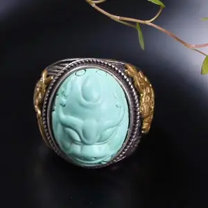 natural turquoise gemstone solitarite stone 925 sterling silver rings Chinese mythical wild animal