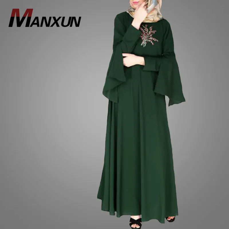 Chinese manufactured islamic clothing dark green crew collar abaya muslim embroidery dress