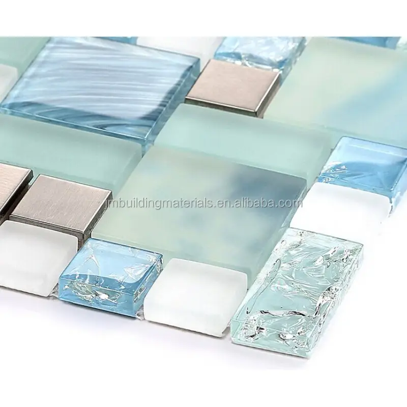 Gạch Lát Nền Kính Crackle 304 Gạch Kim Loại Thép Không Gỉ Màu Xanh Hand Painted Frosted Glass Mosaic Wall Tile Thiết Kế Mới Splash