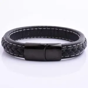 Fashion Handmade Genuine Leather 316L Clasp Stainless Steel Black Fasten Bracelet Customized Acceptable