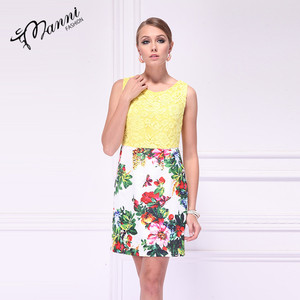 2018 nuevo estilo <span class=keywords><strong>amarillo</strong></span> gasa <span class=keywords><strong>vestido</strong></span> <span class=keywords><strong>de</strong></span> impresión floral patchwork primavera casual sundress sin mangas señoras vestidos - Product Image 1