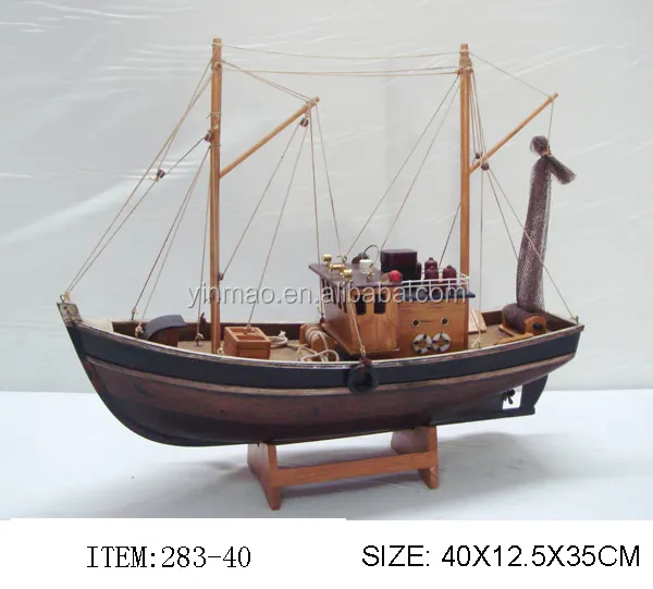 Modelo de barco de camarón de madera con 2 mástiles de soporte, 40x12,5x35cm, modelo de barco de pesca marrón antiguo