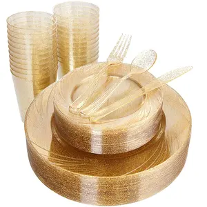 זהב נצנצים הטוב ביותר מחיר חד פעמי פלסטיק כלי אוכל סטים