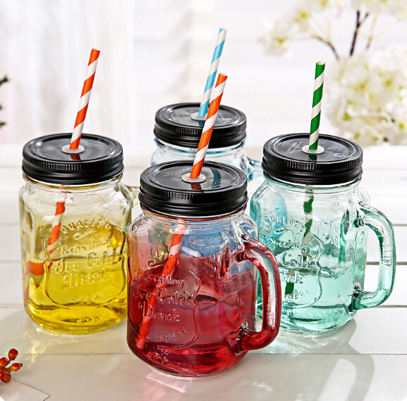 Mason Glass Drinking Jars Cocktail Glass Mugs Handle Tin Lid Straws Set