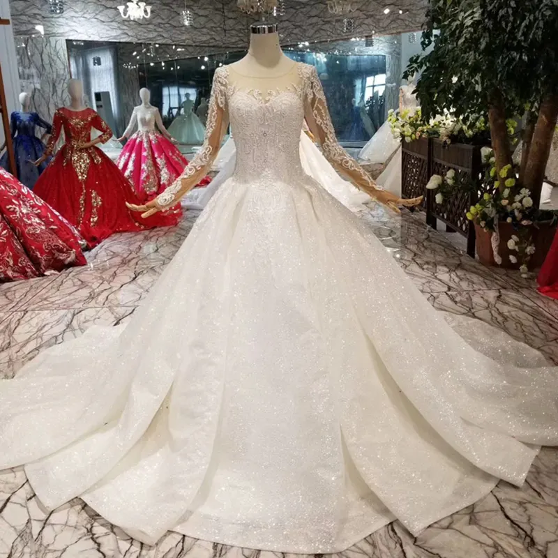 Jancember HTL062 Gaun Pengantin Wanita, Kain Renda Mewah Lengan Panjang untuk Desain Terbaru