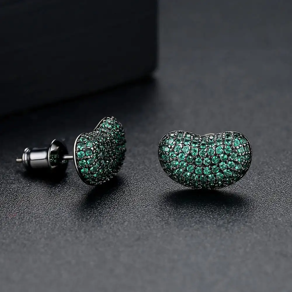 LUOTEEMI Cute Korean Emerald Green Earrings Pea Shape Tiny Green Cubic Zirconia Paved Diamond Girls Stud Earrings