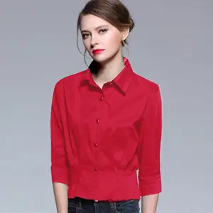 Pemasok Pembuat Kemeja Mewah Lengan Panjang Wanita Model Kaus Merah Kasual