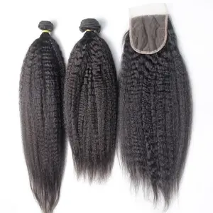 Bestseller Mongolian Yaki Hair Verworrenes glattes Haar, Nagel haut ausgerichtet Jungfrau brasilia nische menschliche Bündel mit 4 X4 Spitzen verschluss