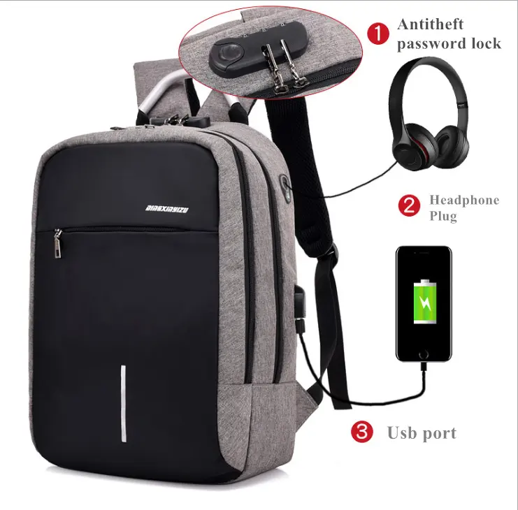 Mochila anti-roubo para computador, bolsa para viagem e laptop com carregamento usb