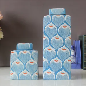 Склад в винтажном стиле ремесло керамическая банка для хранения резные китайского фарфора банка с крышкой синий
