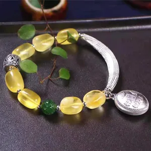 Perhiasan Perak Turki Gelang Amber Natural Perak Murni 925 Emas Berlapis 18K untuk Wanita dengan Liontin Perak Thai dan Acc