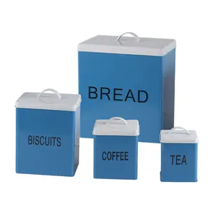 4 Piece Kitchen Canister Bin Box Bread Tea Biscuit Coffee Storage Containers with Lids Set Home Metal Deluxe Food Storage