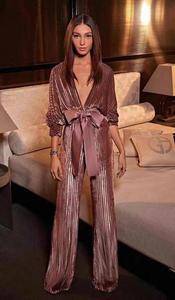 A2701 OEM velluto 2024 alta qualità profondo scollo a V con cintura di celebrità donna manica lunga lusso Sexy plissettato <span class=keywords><strong>tuta</strong></span> lunga allentata - Product Image 2