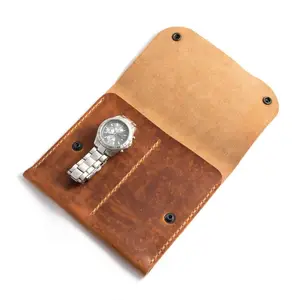 High quality tan leather double pouches snap watch travel case watch pouch genuine leather