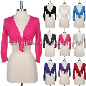 OEM Wholesale Ladies Solid Cotton 3/4 Sleeve Front Tie Plain Crop Top Knit Bolero Shrug Cardigan Jacket for Party Dress S M L