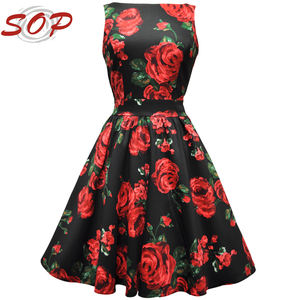 Robe de style années 1950 pour femme, rouge, à fleurs, longueur thé, style <span class=keywords><strong>Audrey</strong></span> Hepburn - Product Image 1