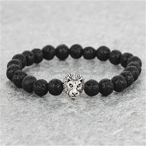 Femmes Hommes Noir Pierre De <span class=keywords><strong>Lave</strong></span> Bracelet Argent Et Plaqué Or Tête de Lion Bracelet 8 MM Perles De Mode Bracelet - Product Image 1
