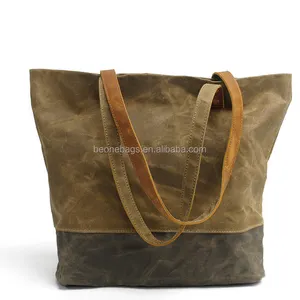 Heavy duty waterproof waxed canvas tote bag with genuine leather handle