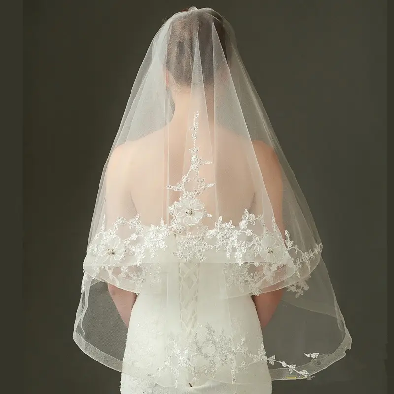 160*130センチメートルNew Design Simple Style Mantilla Lace Flower Multilayer Bridal Veil For Wedding