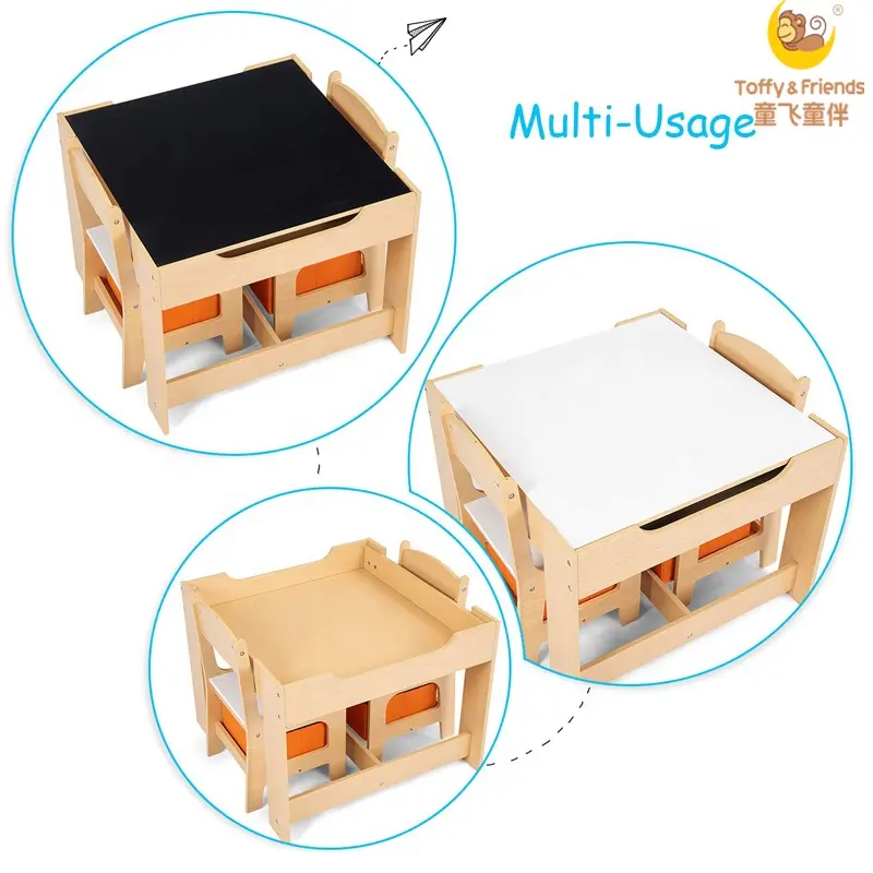 キッズテーブルと椅子セット収納ボックス付き両面卓上木製子供アクティビティデスク保育園家具