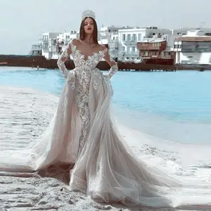 Brand African Custom Ma Lace Wedding Dress Mermaid Long Sleeve Bridal Gown With tachable Train wedding gown vestido novio