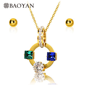 Collar y aretes joyeria en acero quirurgico con cristal azul y verde para mujer - Product Image 1